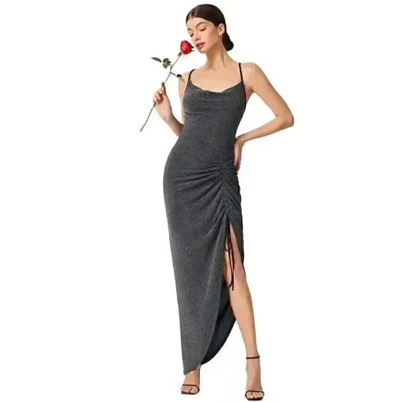 BCBGENERATION Women's Silver/Gray Poly/Spandex Cowl Neck Ruched Split Thigh Cami - Picture 1 of 14